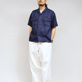 OPEN COLLAR SH LINEN INDIGO